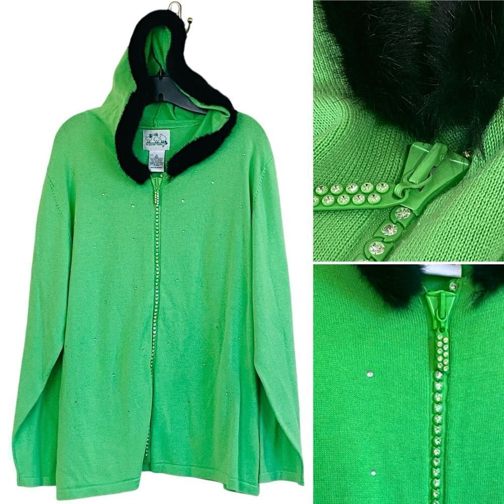 The Quacker Factory Vtg Zip Up Lime Green Crystal Stud Faux Fur Sweater Sz XL